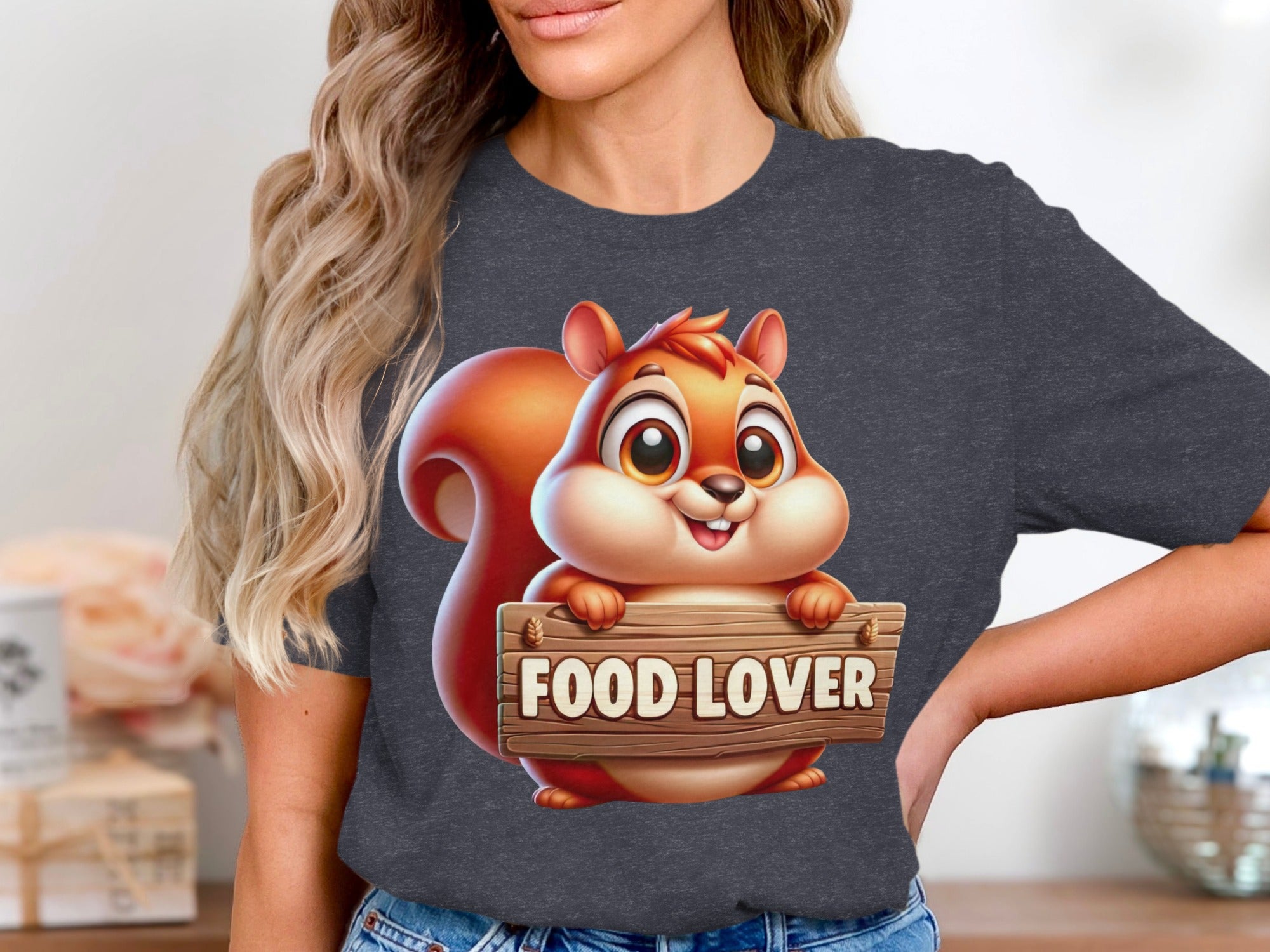 Cartoon squirrel holding wooden sign with "FOOD LOVER" text.
