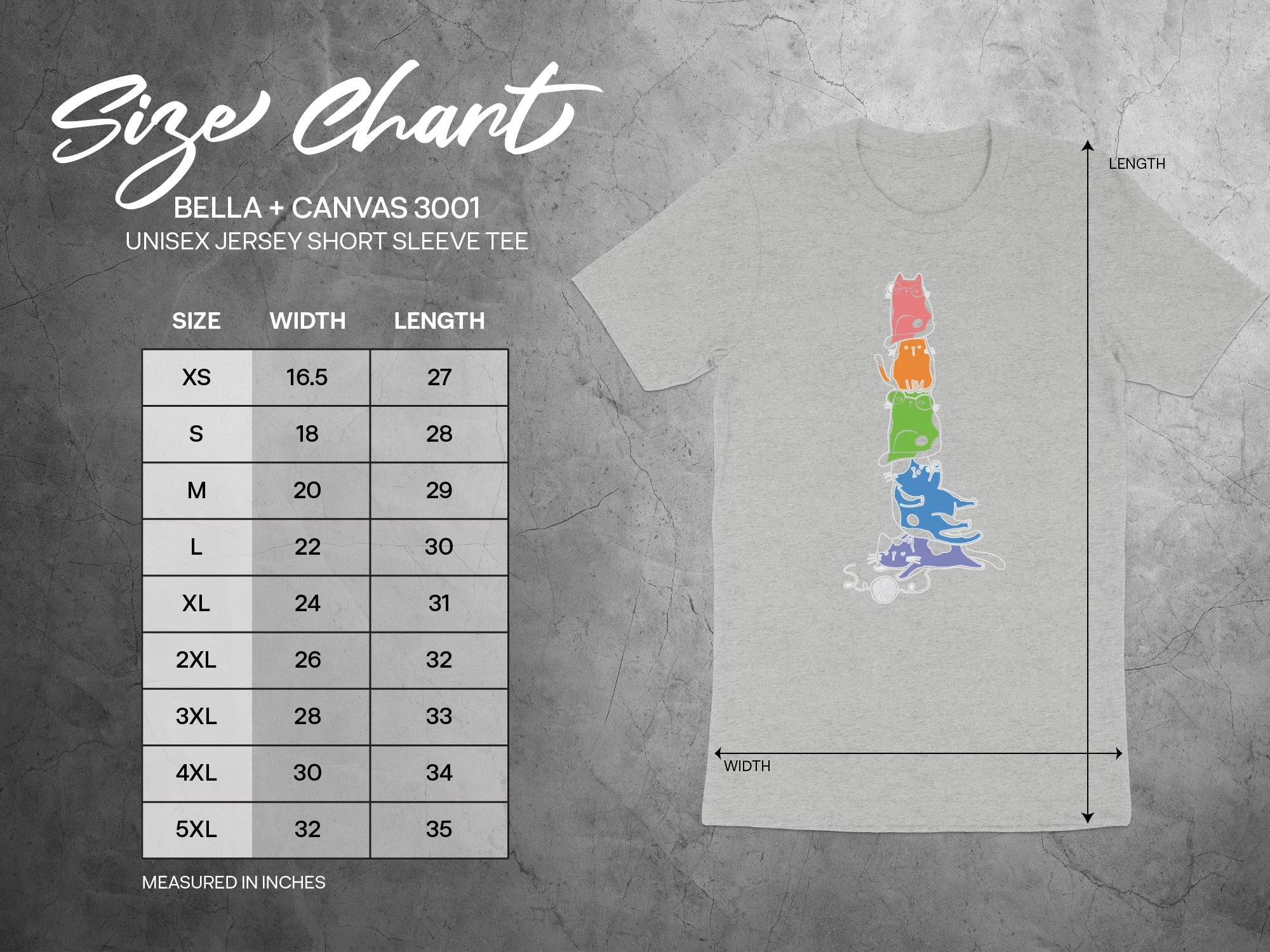 Bella + Canvas 3001 unisex t-shirt size chart measuring width and length in inches.
