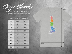 Bella + Canvas 3001 unisex t-shirt size chart measuring width and length in inches.