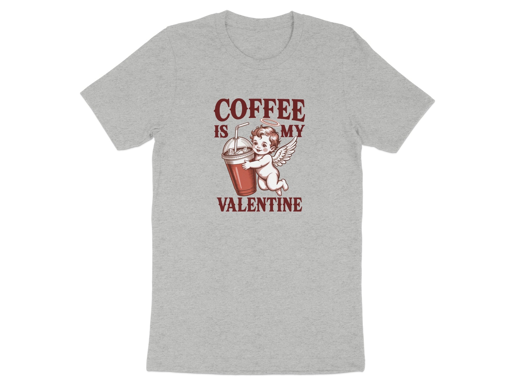 T-shirt with a print of a cherub hugging a coffee cup, text reads "Coffee is my Valentine".