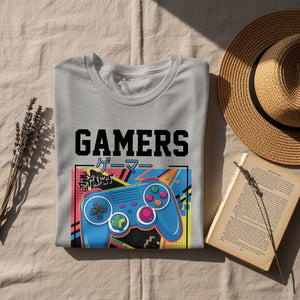 Gray t-shirt with "GAMERS" text and a retro video game controller graphic.