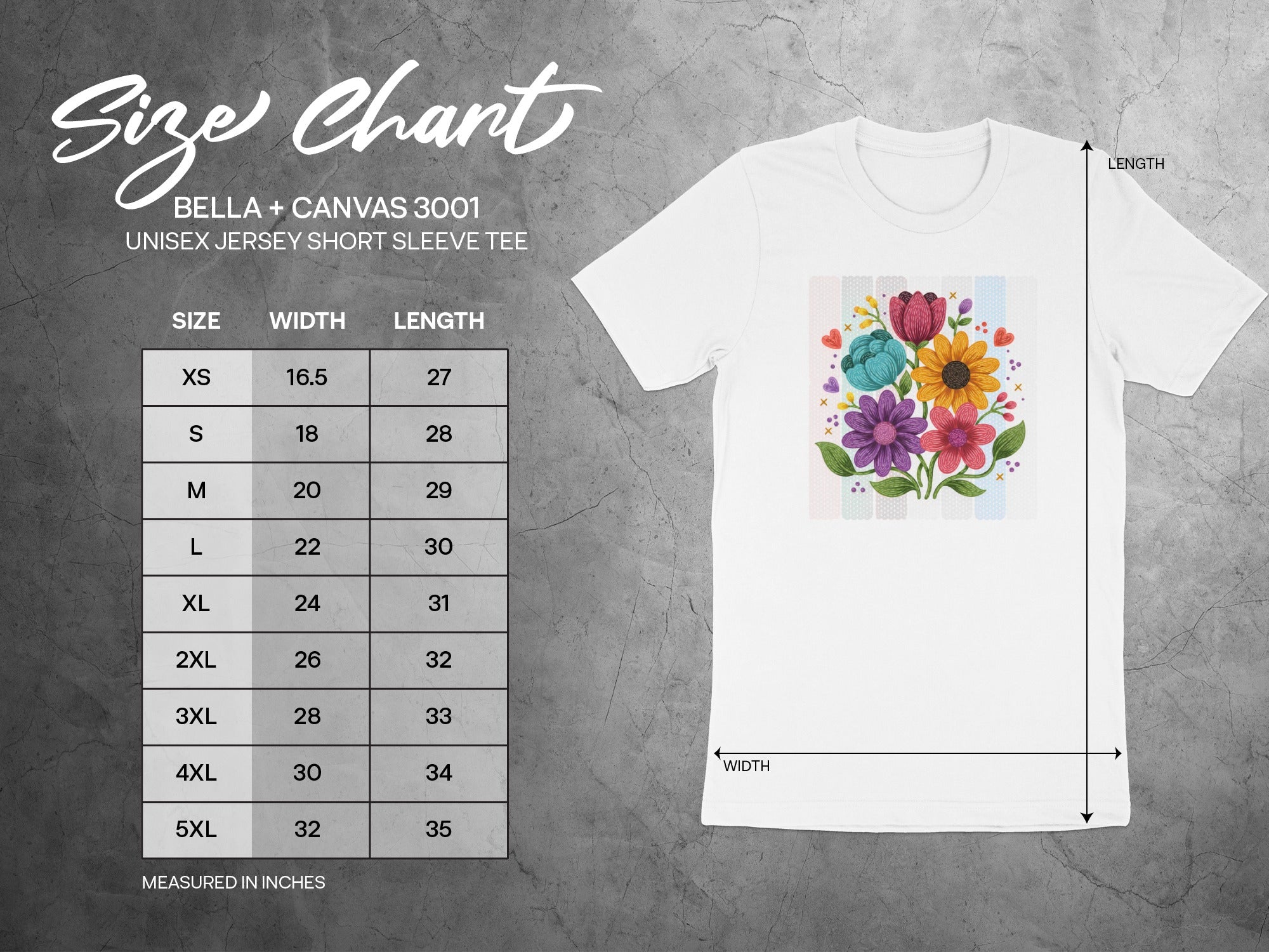 Size chart for Bella + Canvas 3001 unisex short sleeve tee, measured in inches.