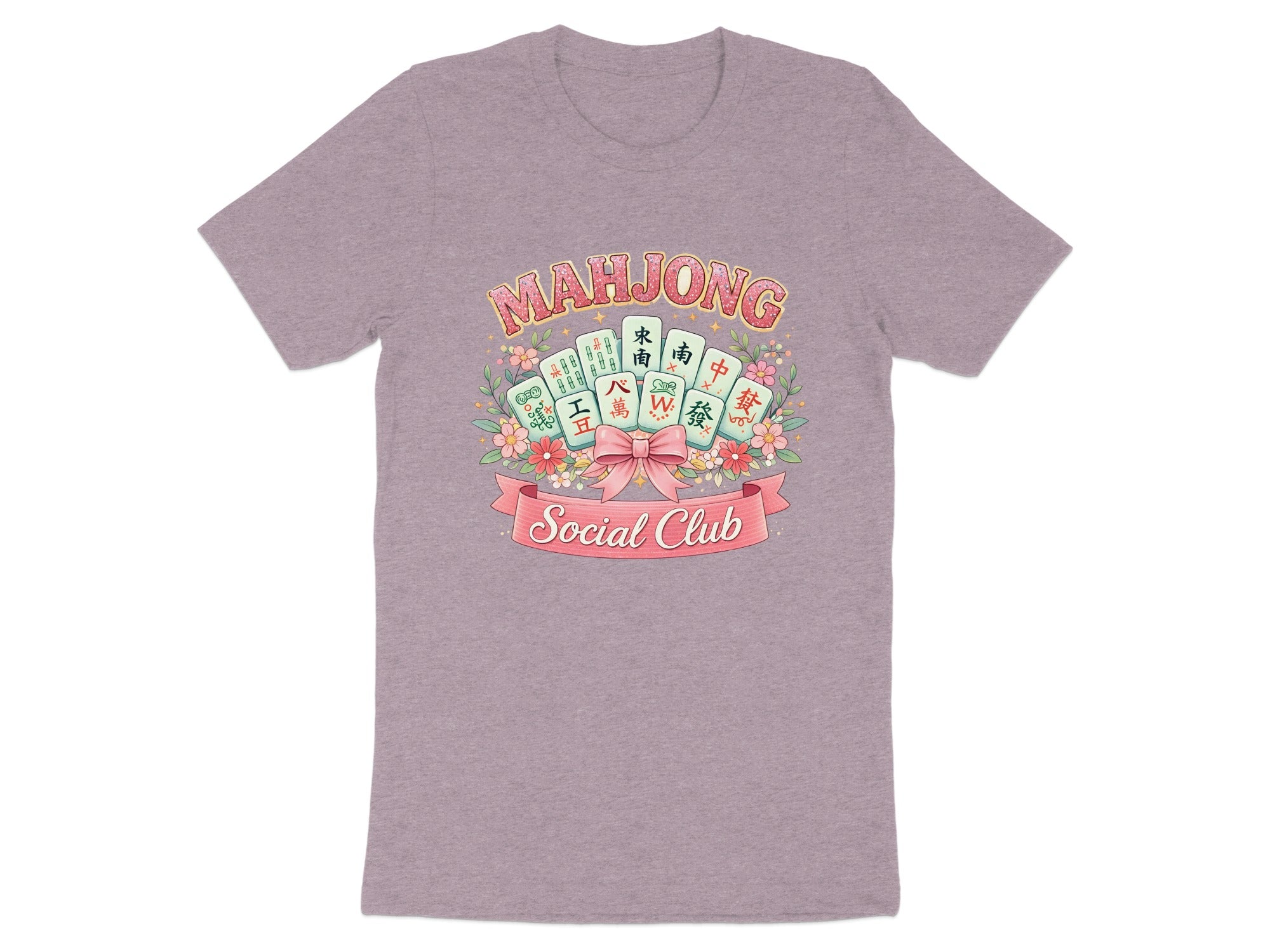 Mahjong Social Club text with mahjong tiles, flowers, and a pink bow on a t-shirt.