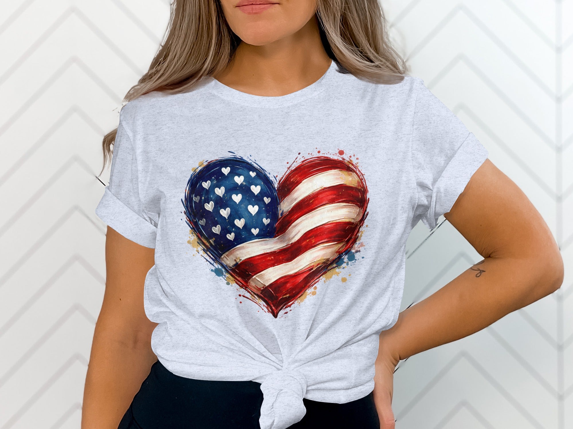 Light grey t-shirt with a watercolor American flag heart graphic.
