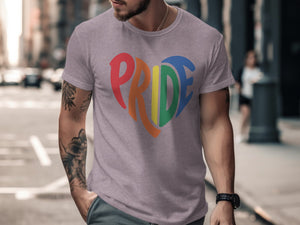 Man wearing a grey t-shirt with "PRIDE" in rainbow colors forming a heart shape.