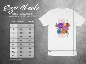 Size chart for Bella + Canvas 3001 unisex short sleeve tee, measured in inches.