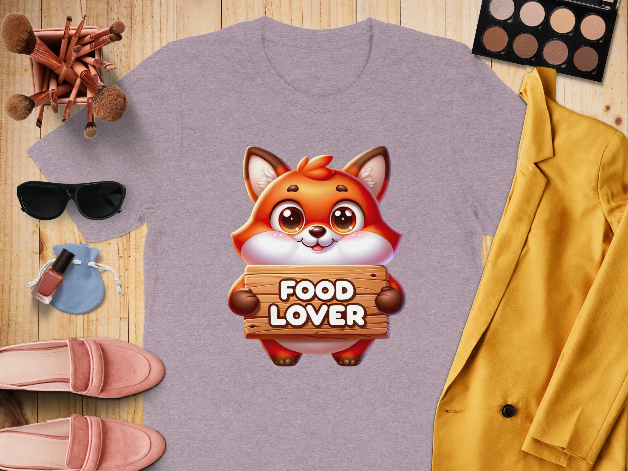 Lilac t-shirt with cute cartoon fox holding "FOOD LOVER" sign.