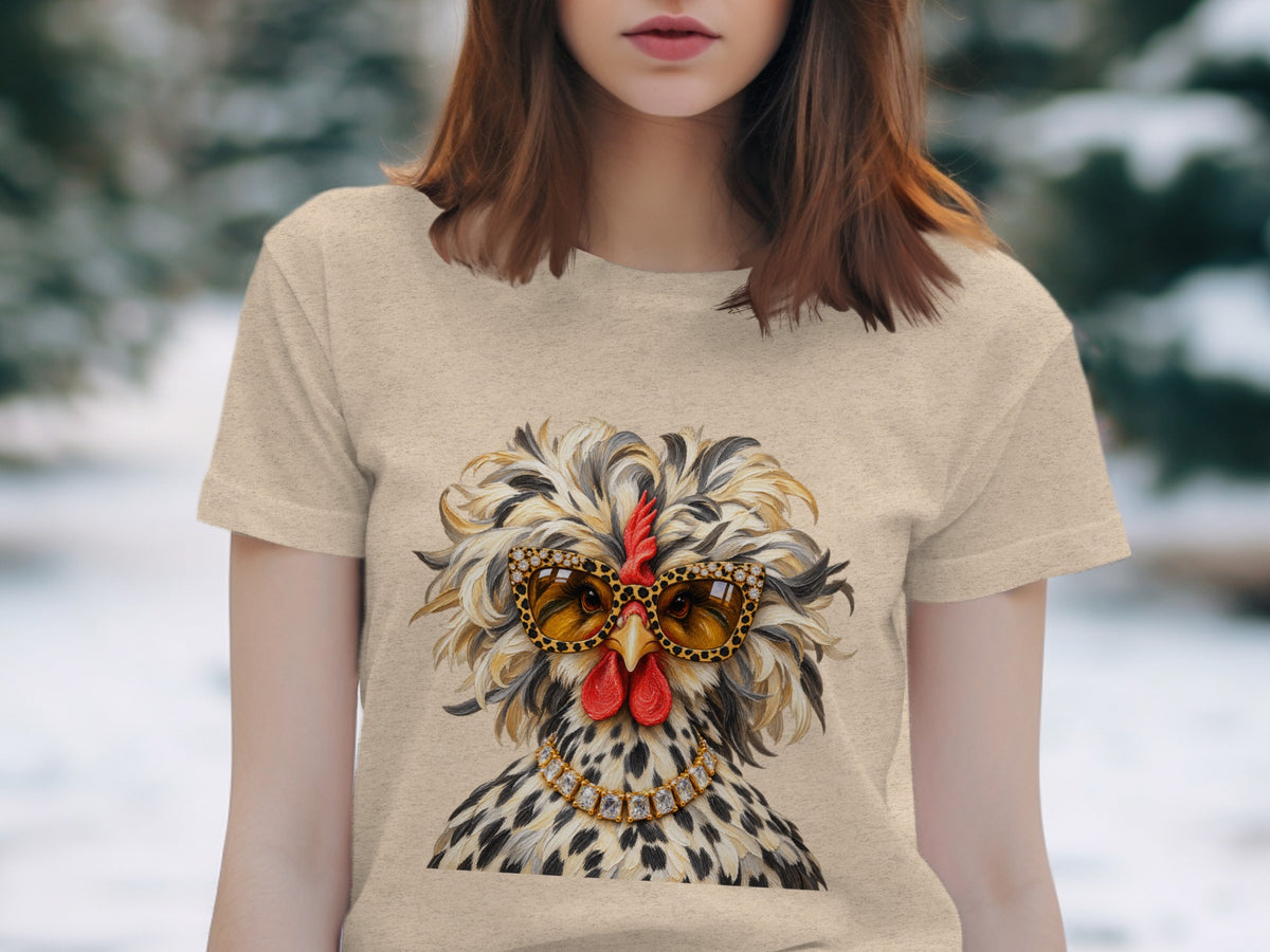 T-shirt with a chicken wearing leopard print sunglasses and a diamond necklace.