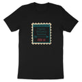 Black t-shirt with a stamp graphic saying "Love Mail by Cupids Delivery Service FEB 14".