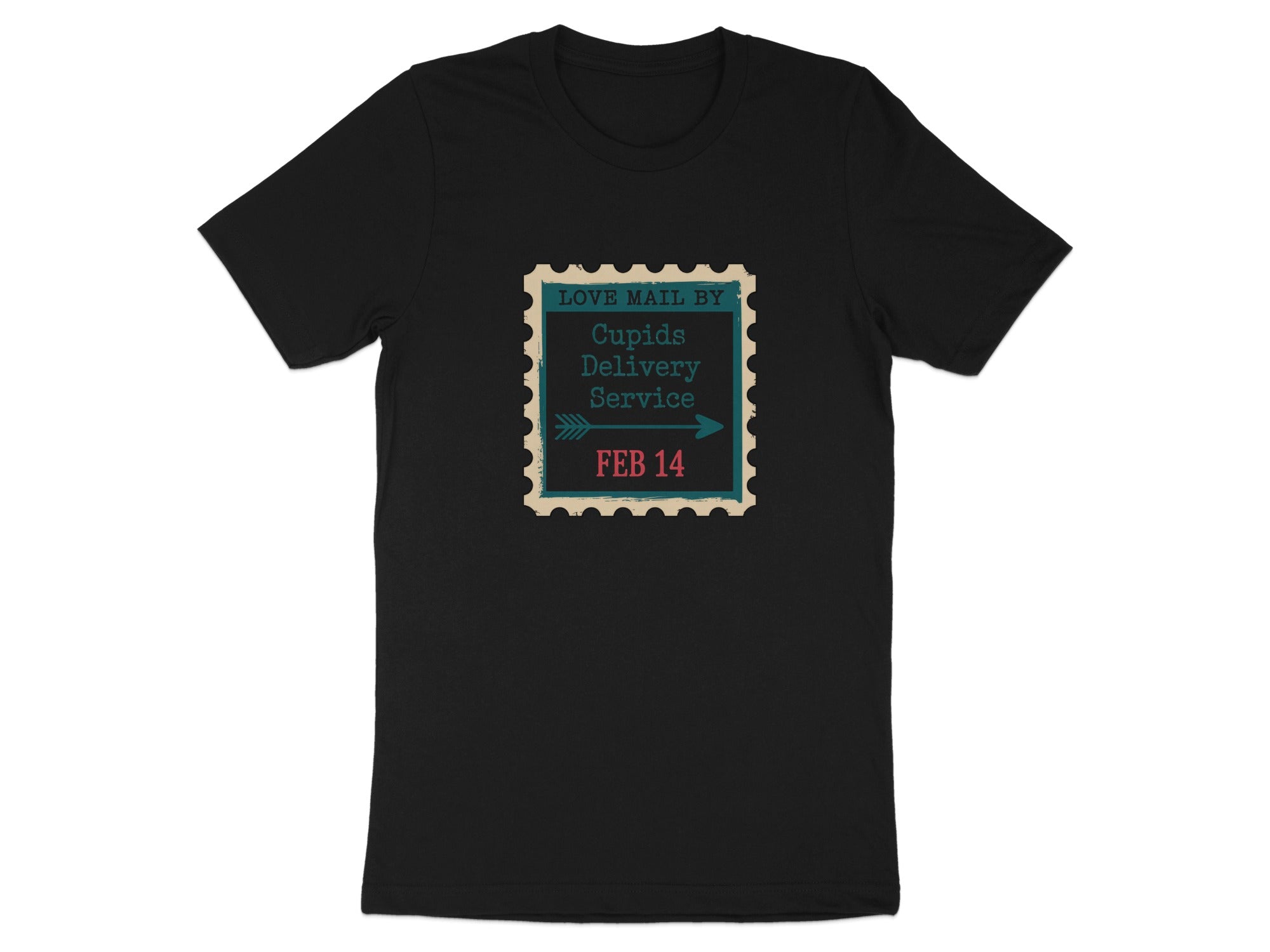 Black t-shirt with a stamp graphic saying "Love Mail by Cupids Delivery Service FEB 14".