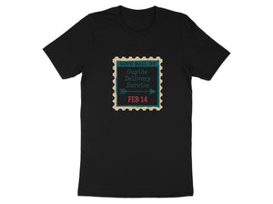 Black t-shirt with a stamp graphic saying "Love Mail by Cupids Delivery Service FEB 14".