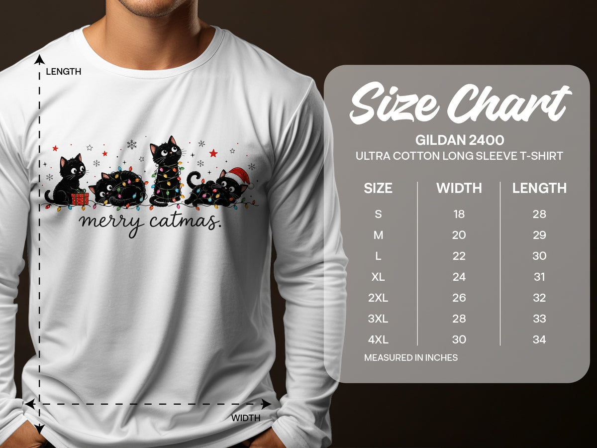 White long-sleeve t-shirt with a Merry Catmas graphic, displayed next to a Gildan 2400 size chart.