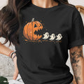 Jack-o'-lantern with three ghosts design on black t-shirt