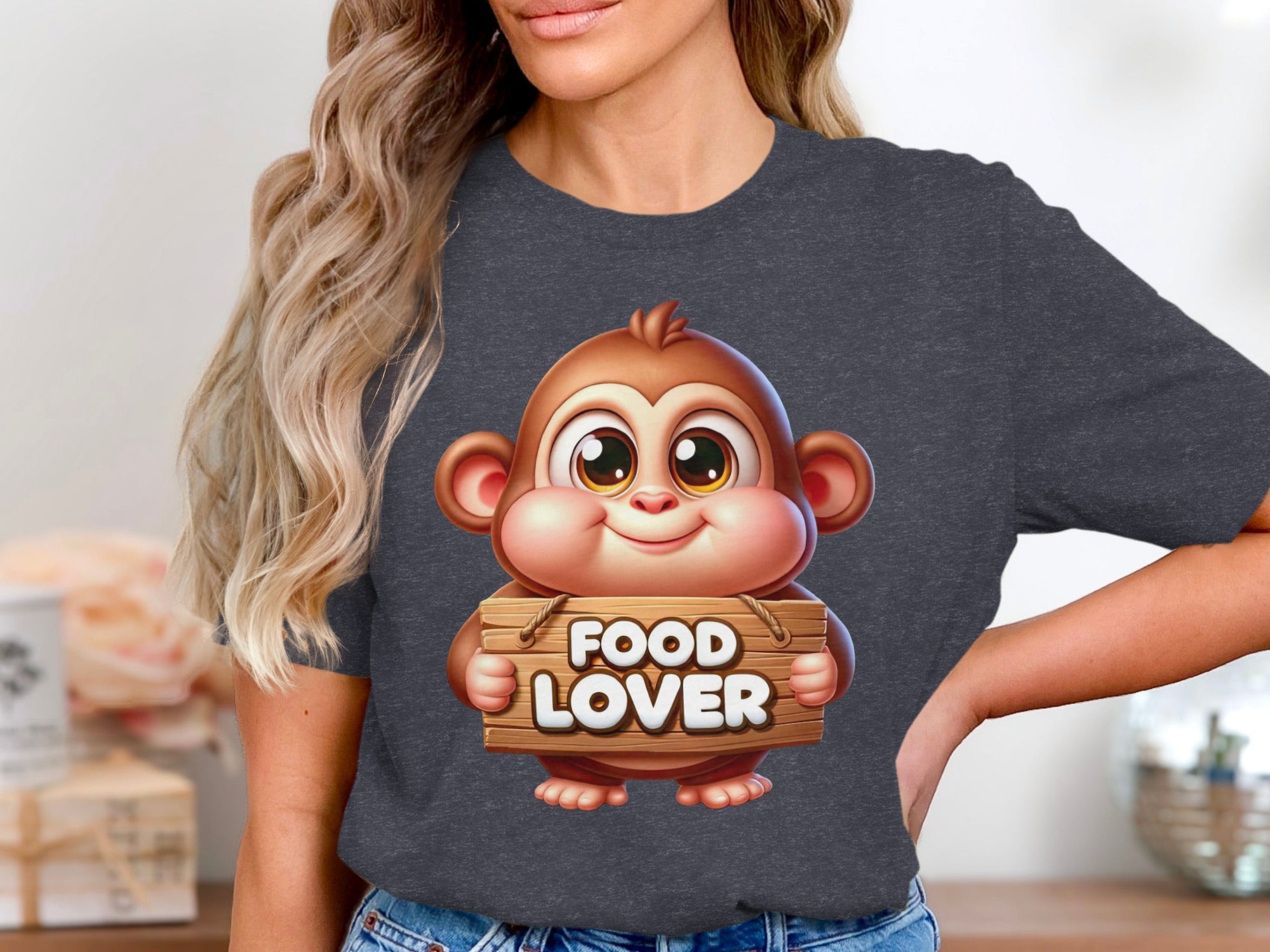 Cartoon monkey holding wooden sign that says "FOOD LOVER".