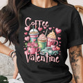 "Coffee Valentine" text with heart-themed coffee drinks, truck, roses, and balloons.