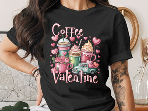 "Coffee Valentine" text with heart-themed coffee drinks, truck, roses, and balloons.
