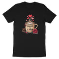 Black t-shirt with coffee cup graphic: "Coffee is my Lover" text, hearts, chocolate, and rose.