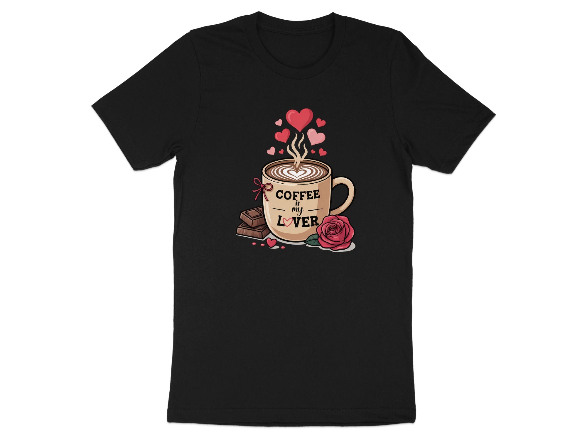 Black t-shirt with coffee cup graphic: "Coffee is my Lover" text, hearts, chocolate, and rose.
