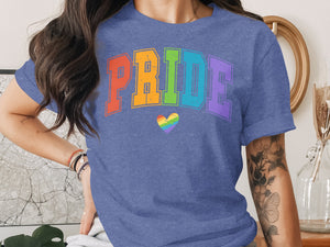 Blue t-shirt with rainbow "PRIDE" text and a rainbow heart.