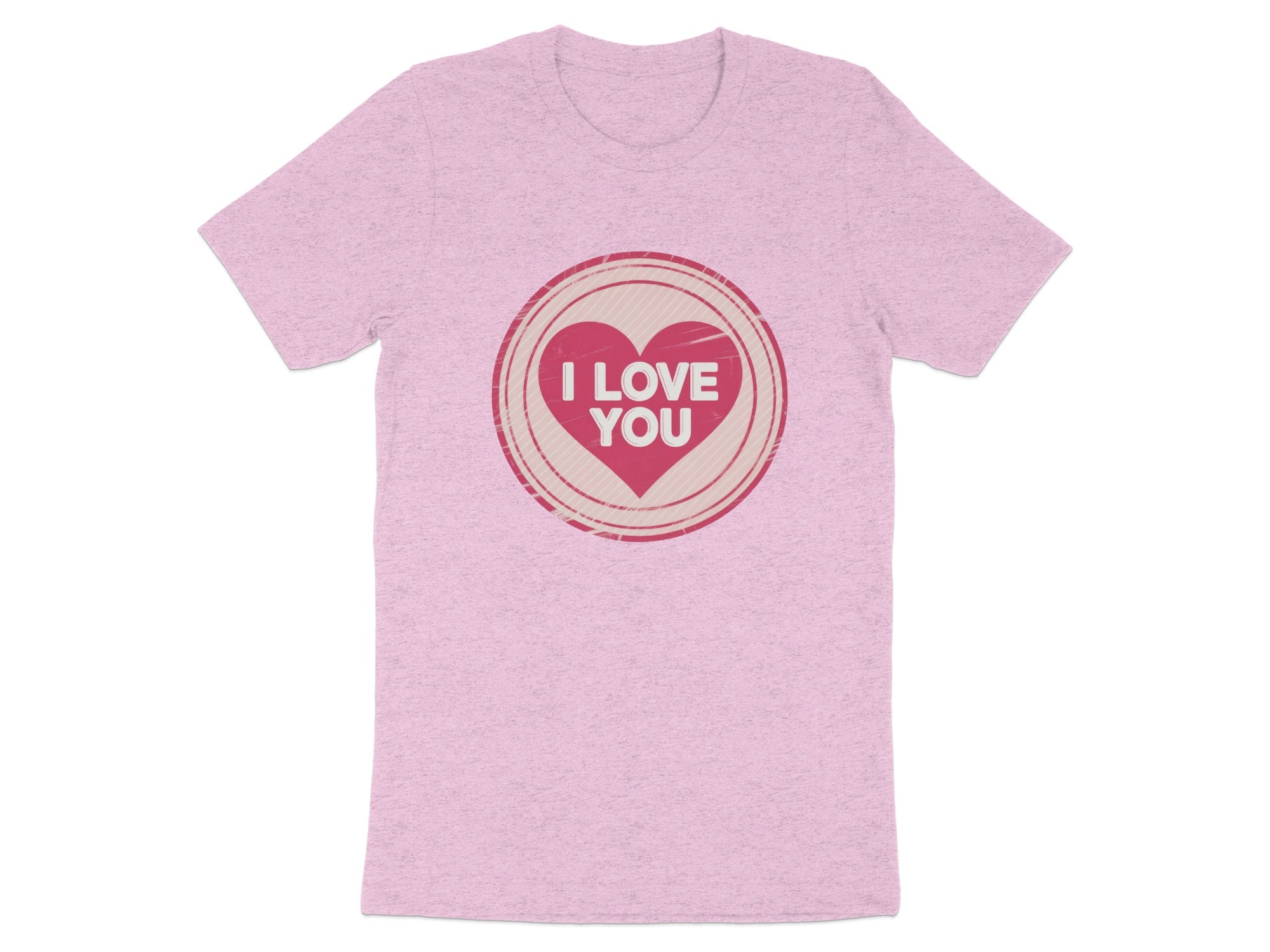 Light pink t-shirt with a circular graphic containing a textured heart and "I LOVE YOU" text.