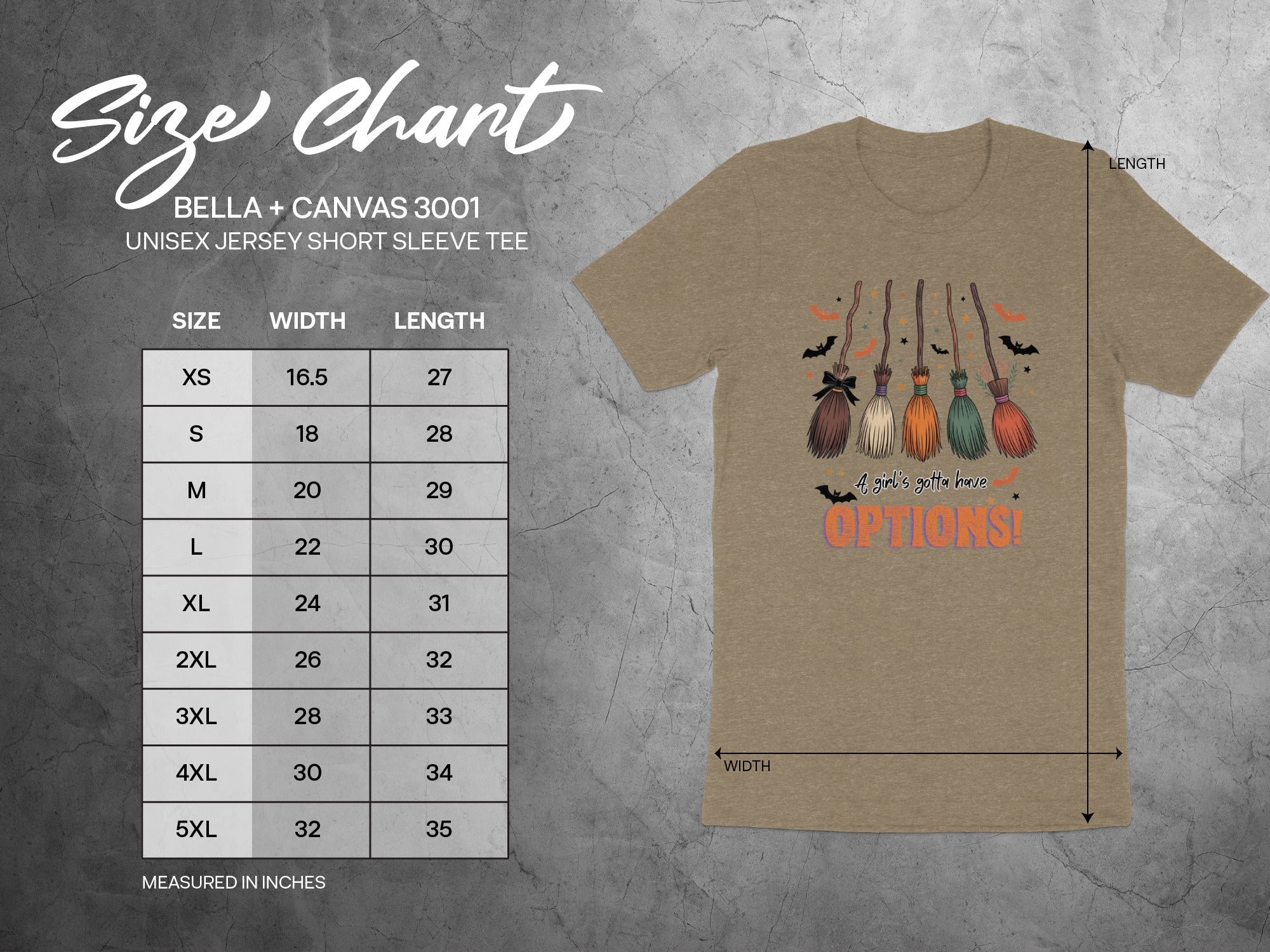 Size chart for Bella + Canvas 3001 unisex short sleeve tee with Halloween brooms and "OPTIONS!".