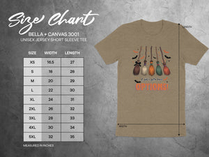 Size chart for Bella + Canvas 3001 unisex short sleeve tee with Halloween brooms and "OPTIONS!".