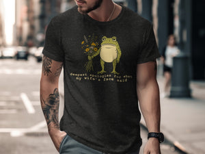 Frog holding flowers with text "deepest apologies for what my wife's face said".