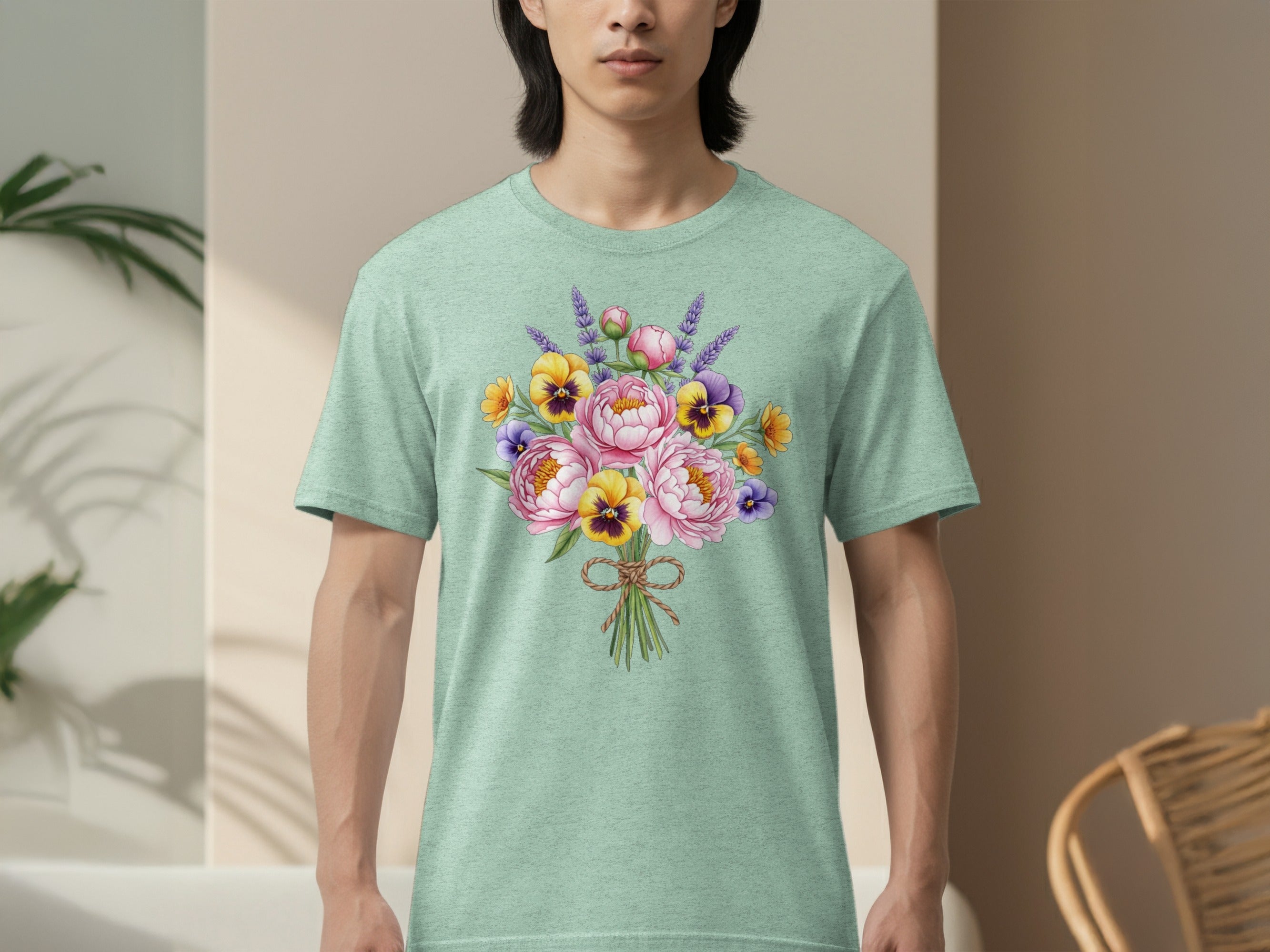 Light green t-shirt with bouquet print of peonies, pansies, and lavender.