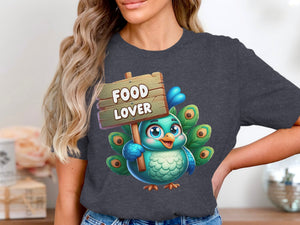 Cartoon peacock holding a sign that says "FOOD LOVER".