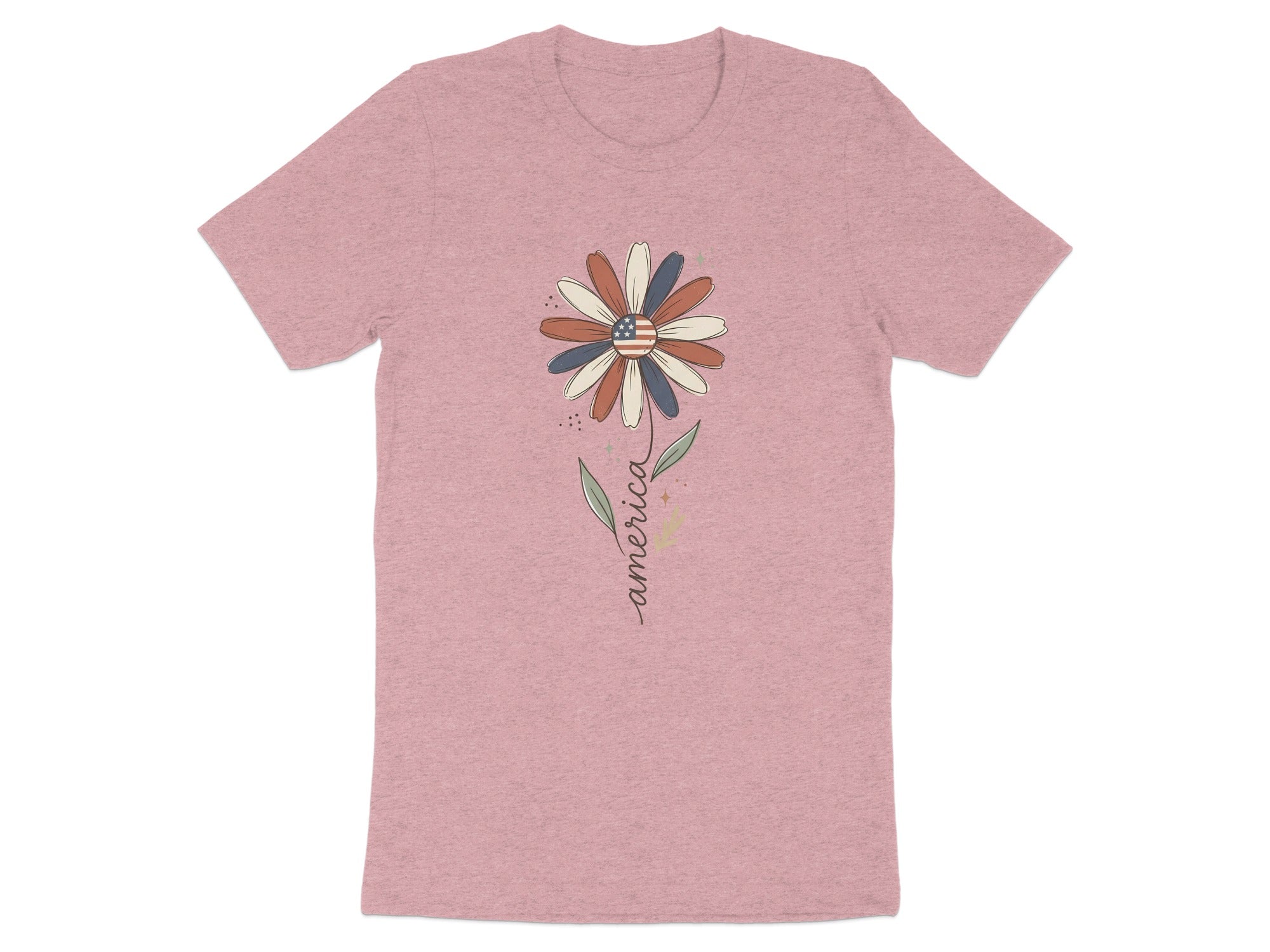 Pink t-shirt with a flower graphic featuring the American flag and the word "America".