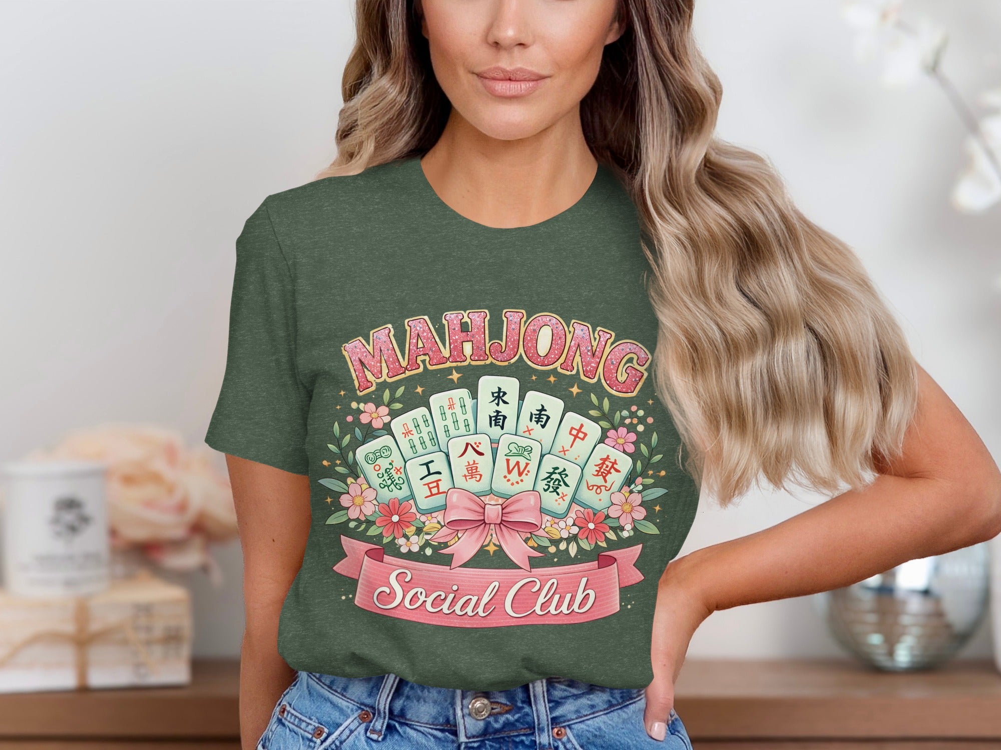 Mahjong Social Club graphic on a dark green t-shirt with mahjong tiles and flowers.