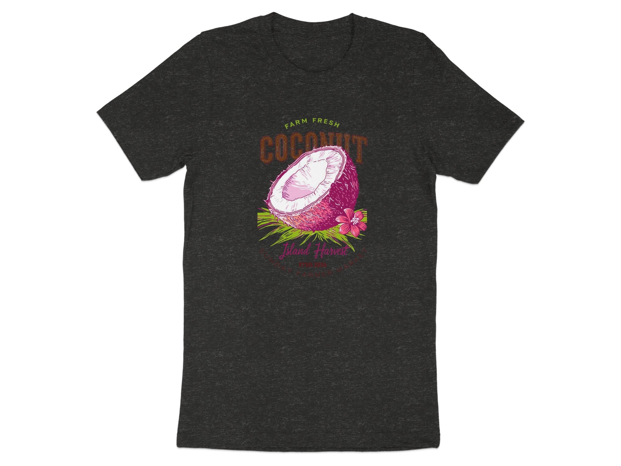 T-shirt with a graphic of a half coconut, text "Farm Fresh Coconut", and "Island Harvest".
