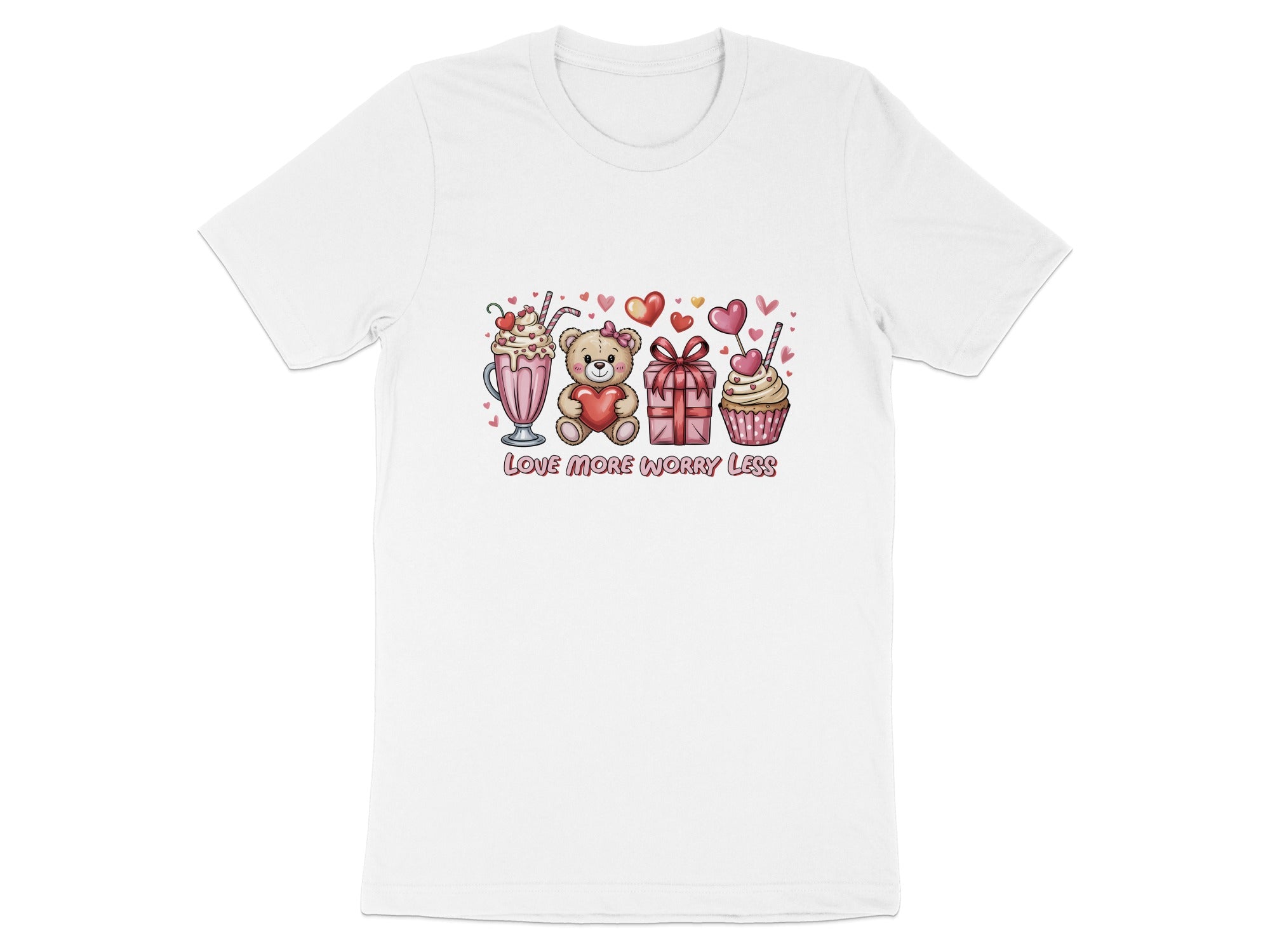 White t-shirt with pink milkshake, teddy bear, gift, and cupcake artwork and text.