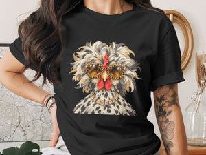 Chicken wearing leopard print glasses and a diamond necklace on black t-shirt.