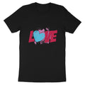 Black t-shirt with a distressed "LOVE" graphic and a blue heart.