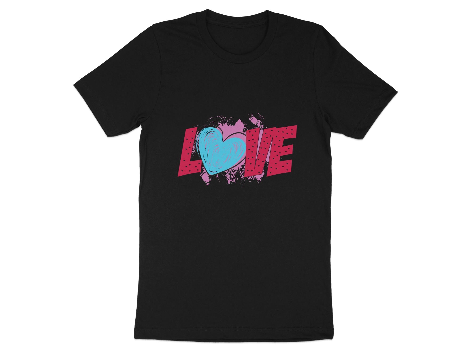 Black t-shirt with a distressed "LOVE" graphic and a blue heart.