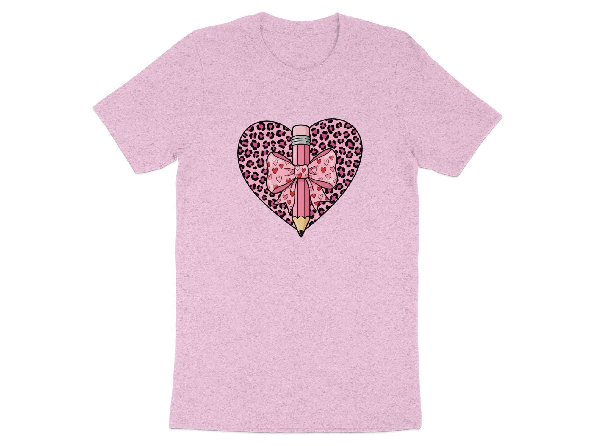 Pink t-shirt with a heart graphic featuring a pencil and bow.