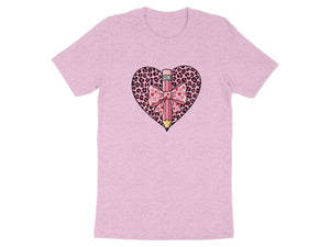 Pink t-shirt with a heart graphic featuring a pencil and bow.