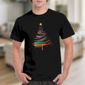 Black t-shirt with a colorful abstract Christmas tree and gold star design.