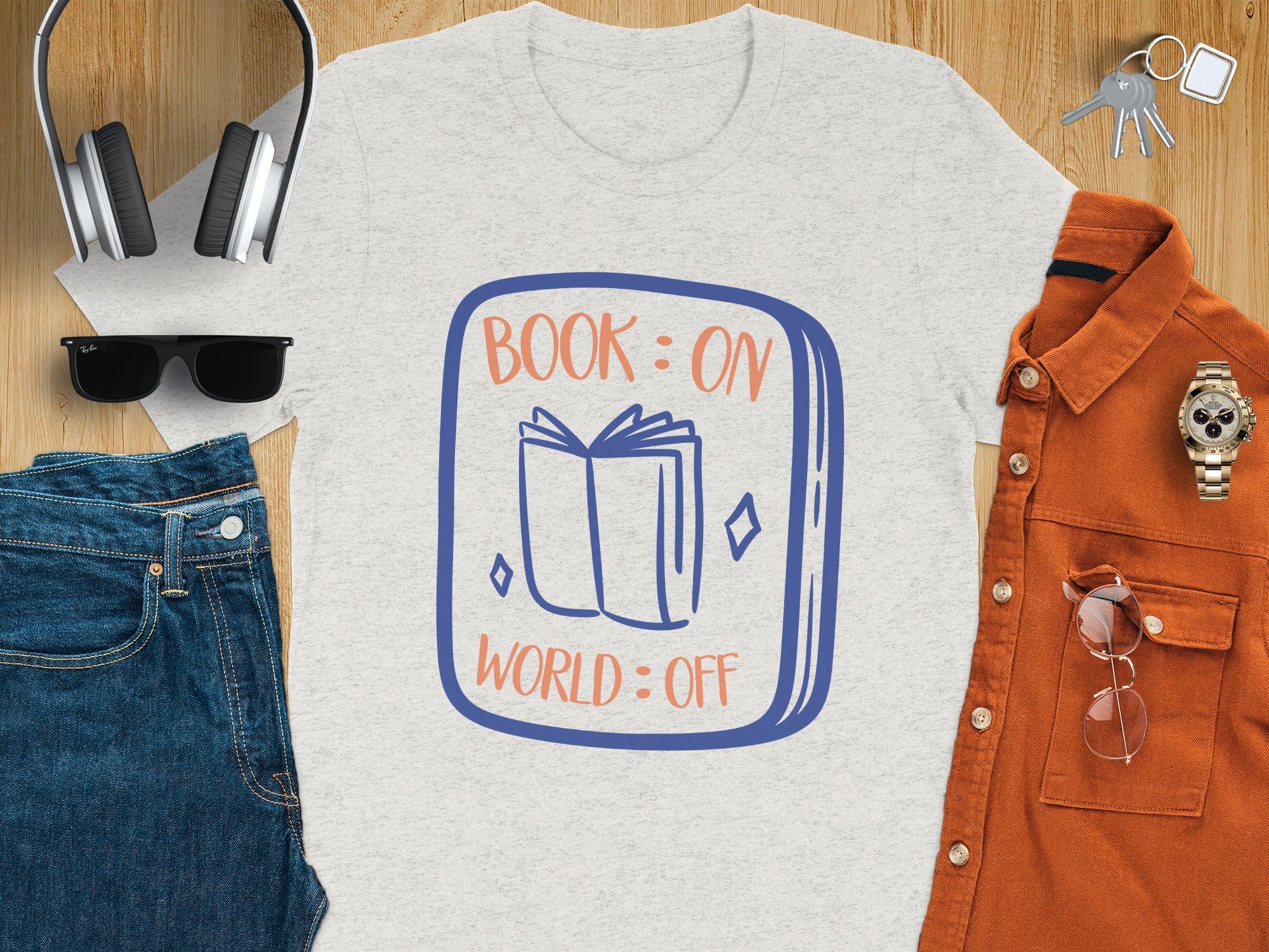 Light gray t-shirt with "BOOK: ON WORLD: OFF" text and open book graphic.