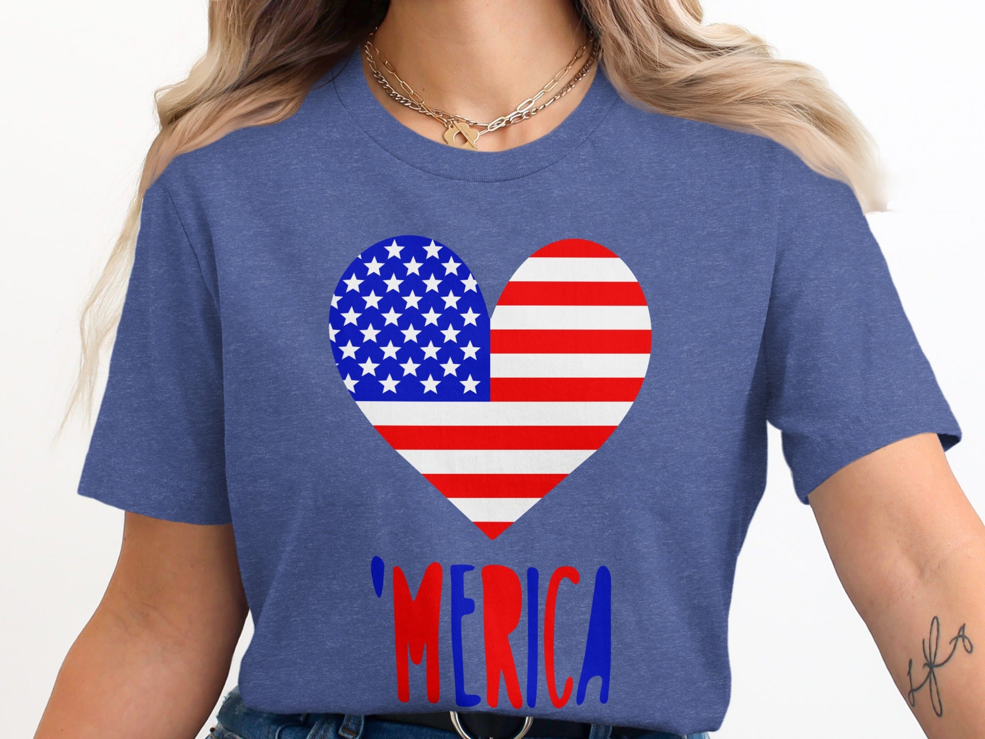 Blue t-shirt with American flag heart and "MERICA" text.