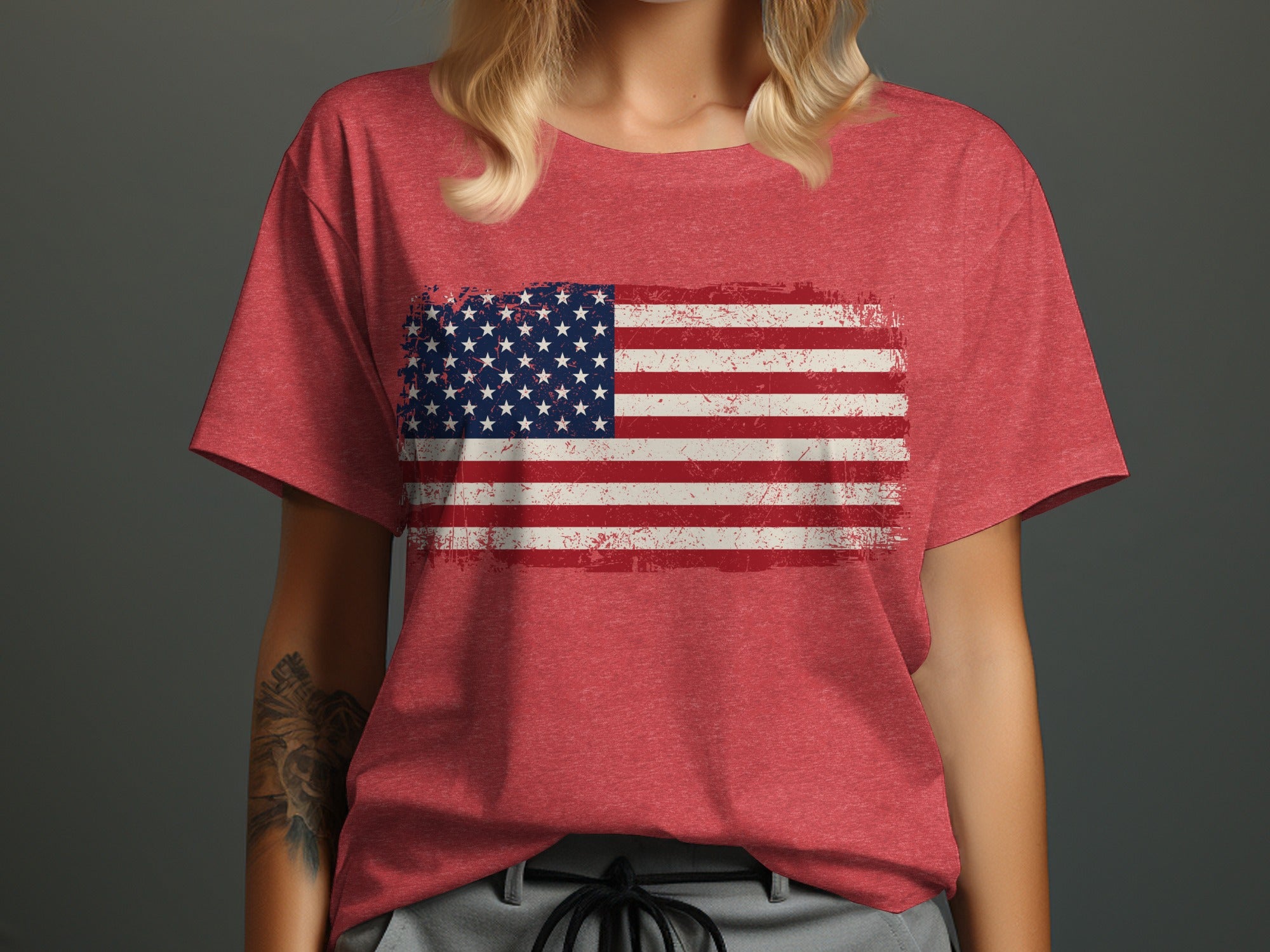 Woman wearing a red t-shirt with