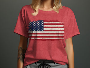 Woman wearing a red t-shirt with