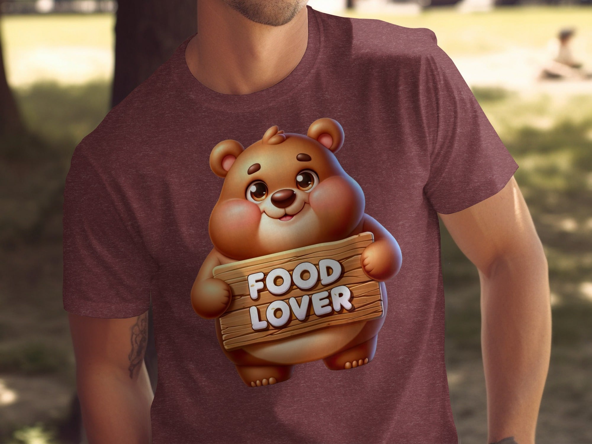 Cartoon bear holding a wooden sign that says "FOOD LOVER".