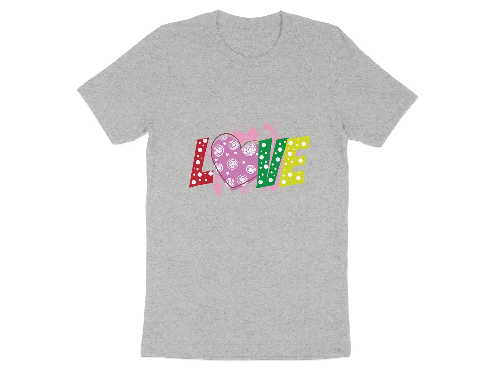 Grey t-shirt with colorful "LOVE" text and a patterned heart.