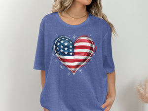 Blue t-shirt with a heart graphic divided into the US flag and stars.
