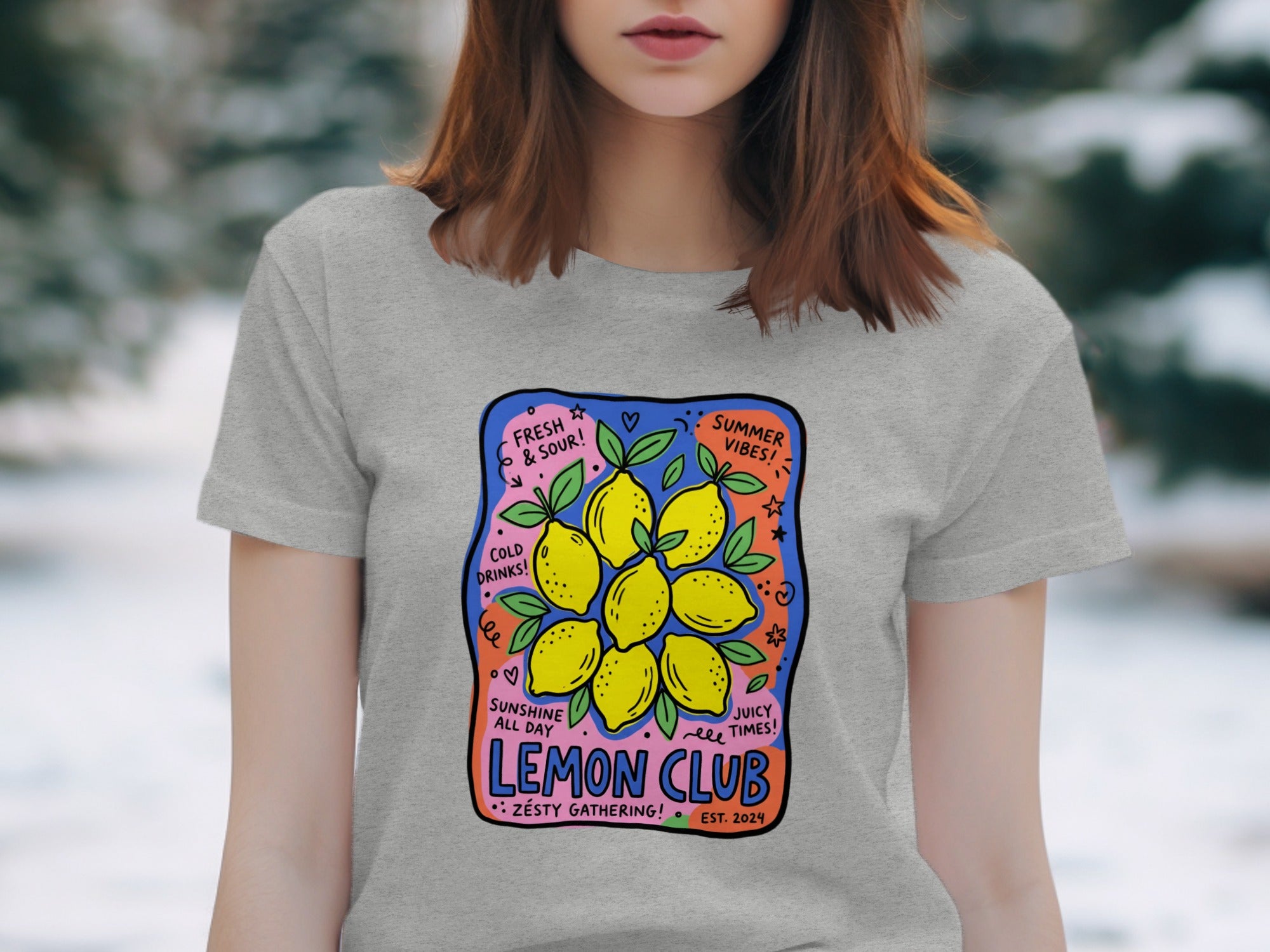 Gray t-shirt with "Lemon Club" graphic featuring lemons, leaves, and text.