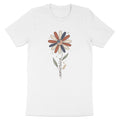 White t-shirt with a patriotic flower graphic and the word "america".