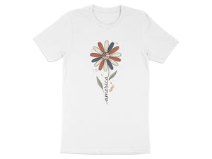 White t-shirt with a patriotic flower graphic and the word "america".