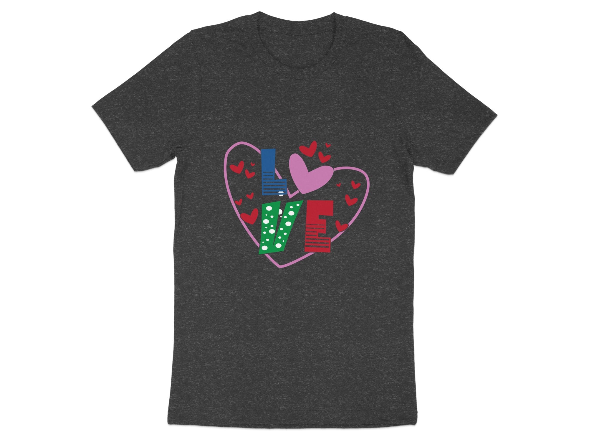 Dark gray t-shirt with "LOVE" in colorful letters inside a heart outline.